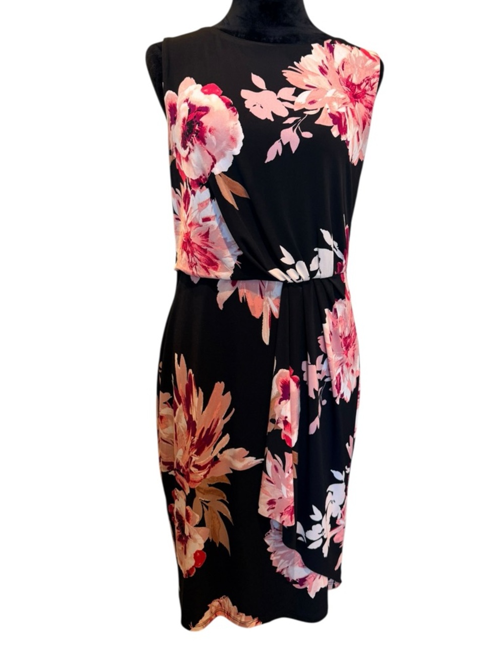 White House Black Market WHBM Black Midi Dress Pink Floral Faux Wrap Size Medium